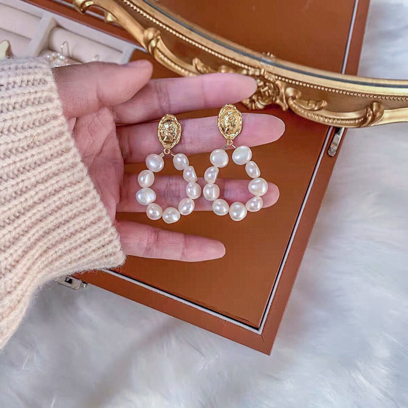 Second image of Retro coin earrings 925 sterling silver needles  French-style light luxury freshwater baroque pearl earrings.