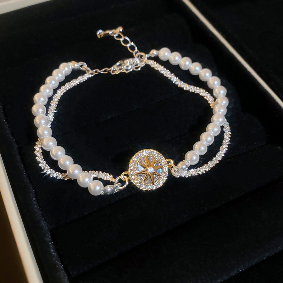 Second image of French vintage style zircon and pearl double-layer bracelet