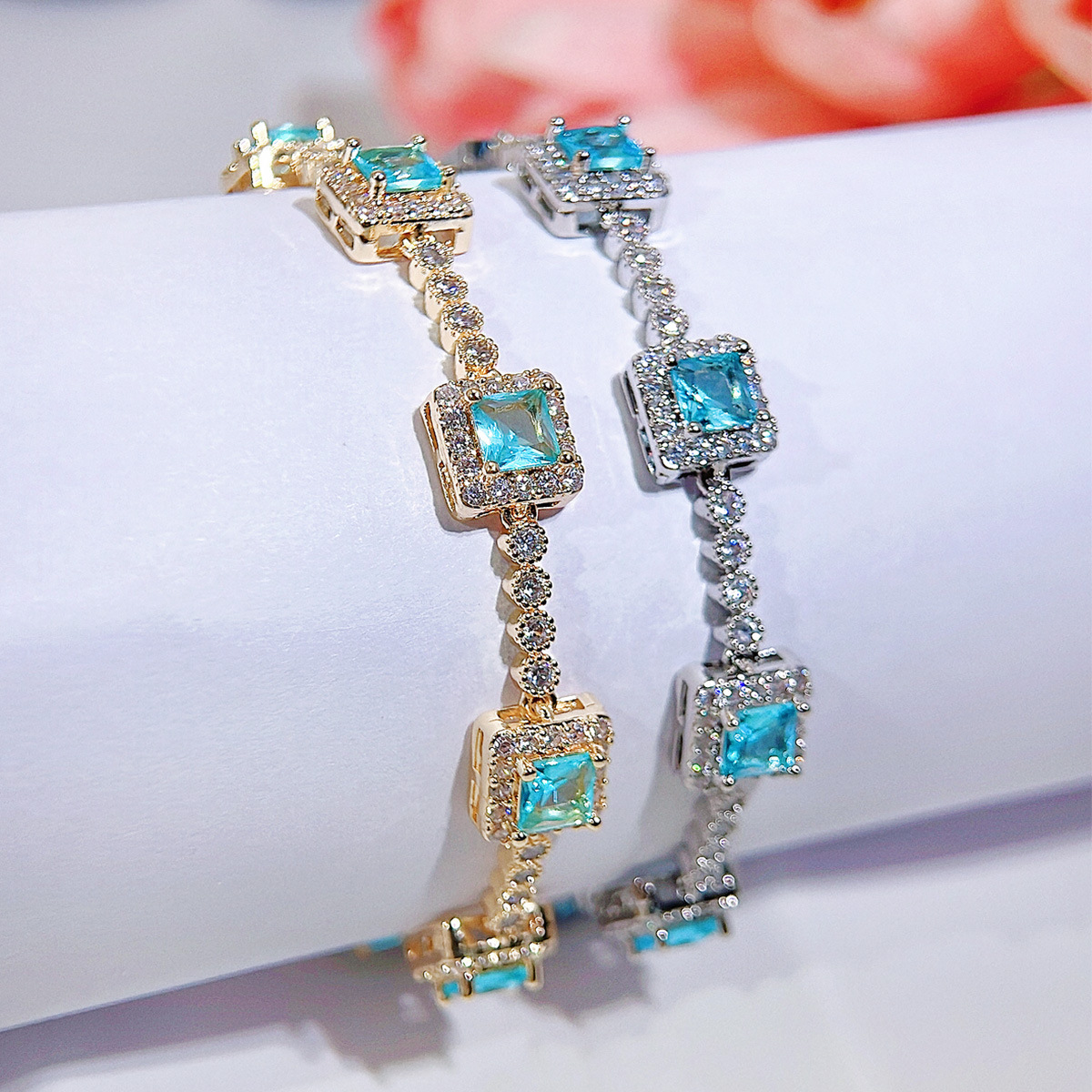 Second image of Ocean blue cubic zirconia bracelet, romantic French retro style, niche charm