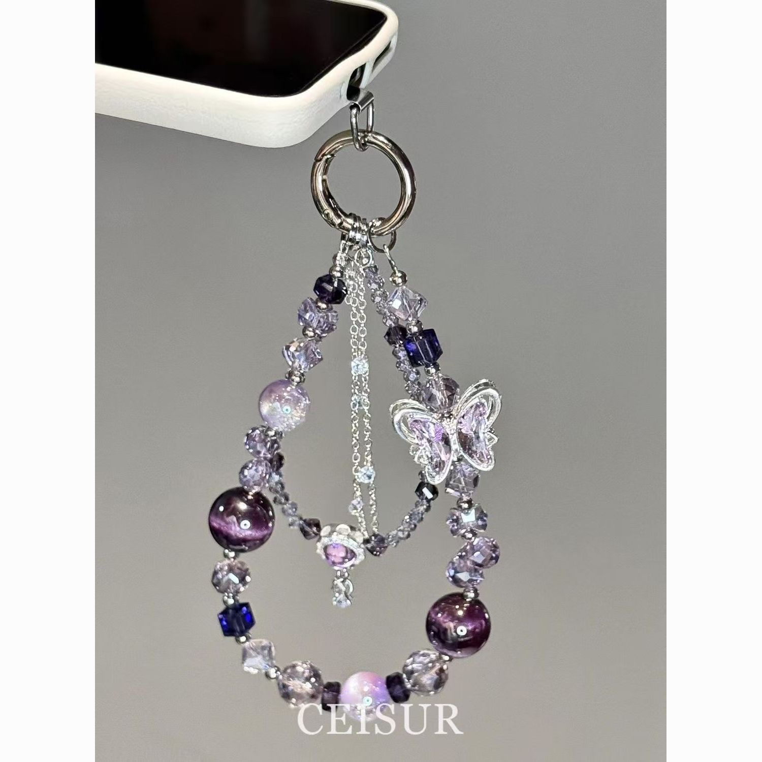 Second image of Luxury Purple Butterfly Beaded Phone Charm - New High-End Niche Keychain/Pendant