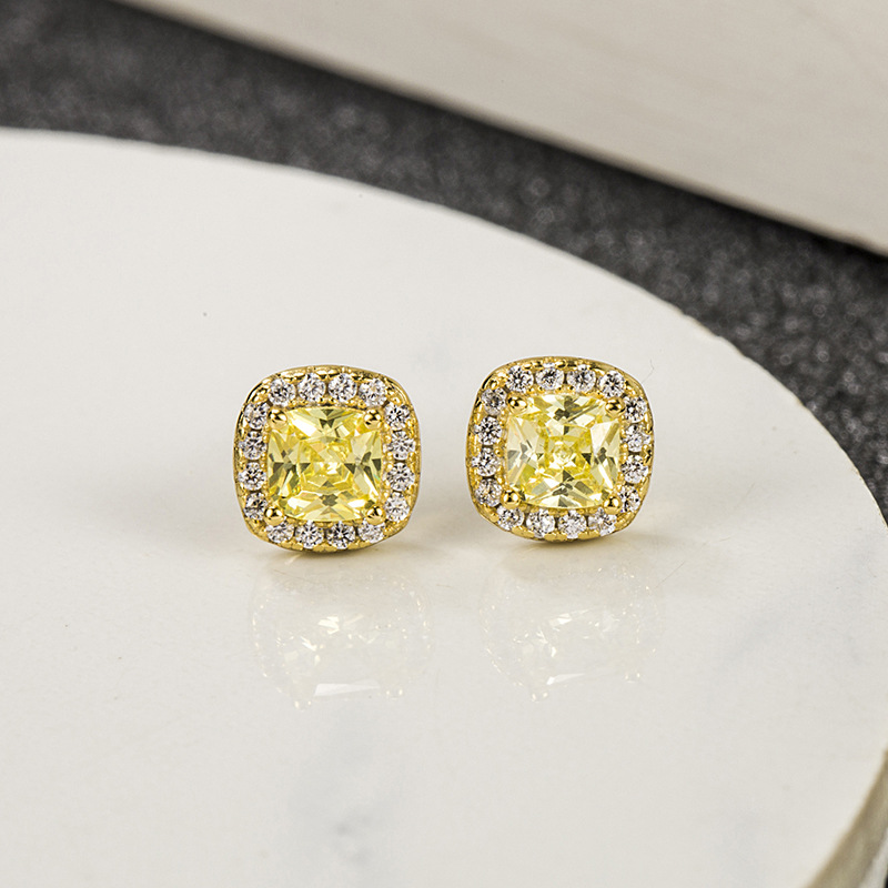 S925  Silver Square Yellow Crystal Stud Earrings Niche Style, Set with Exquisite Diamonds