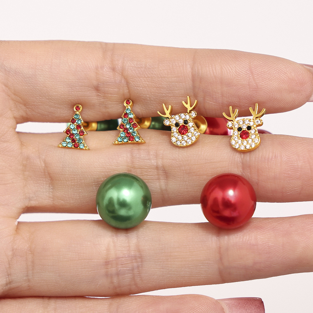 Second image of DIY Colored Zircon Christmas Tree Reindeer Earrings, New Niche Earring Design