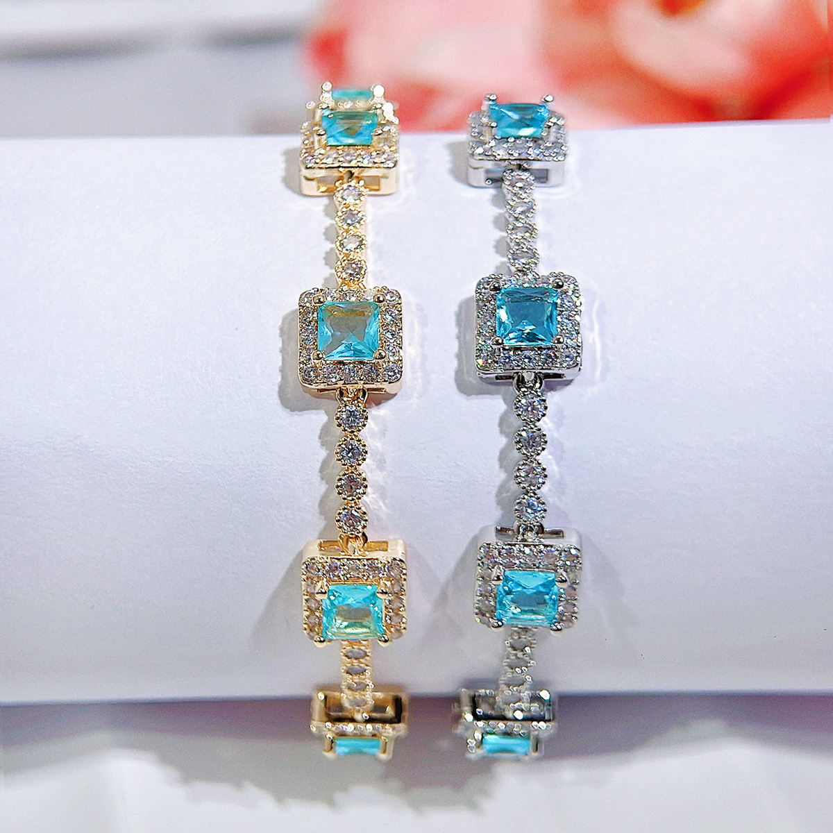 Ocean blue cubic zirconia bracelet, romantic French retro style, niche charm
