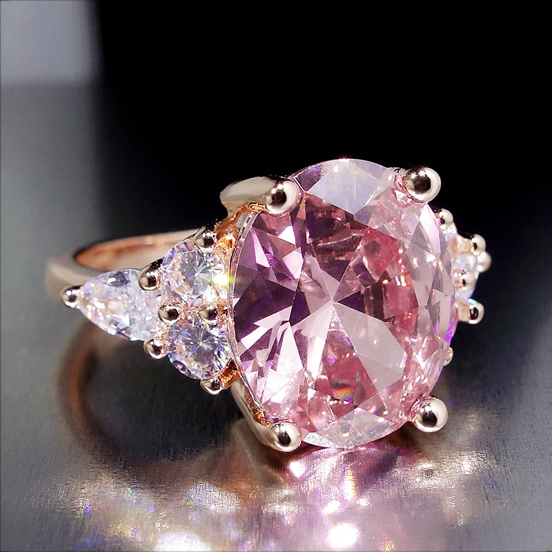 Pink crystal zircon ring, white gold plated rose gold ring