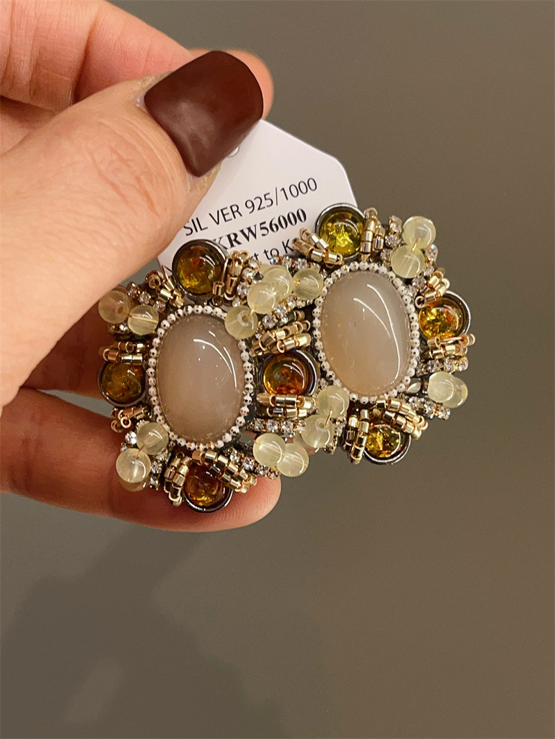 Second image of Vintage style, handmade jade earrings, retro style, Maillard colors, geometric exaggerated stud earrings