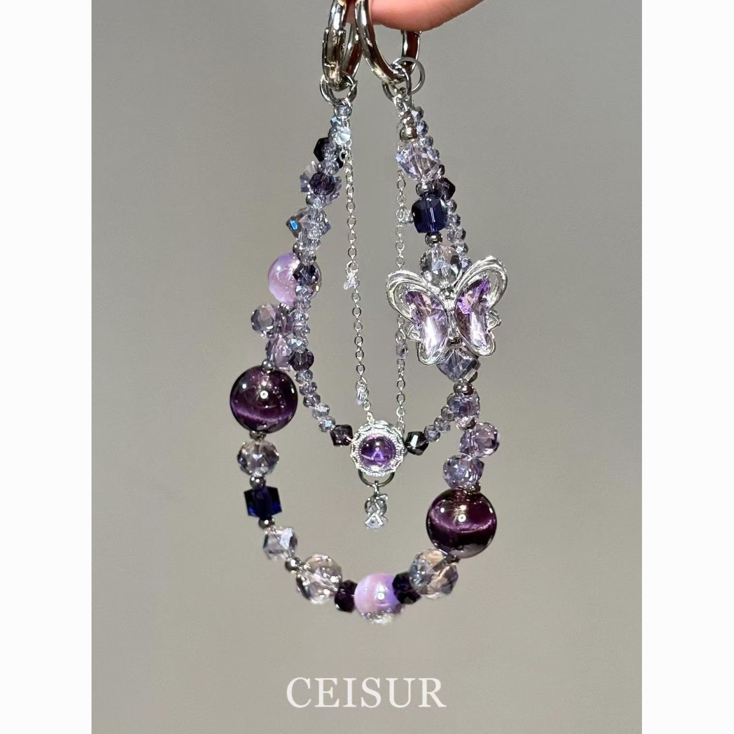 Luxury Purple Butterfly Beaded Phone Charm - New High-End Niche Keychain/Pendant