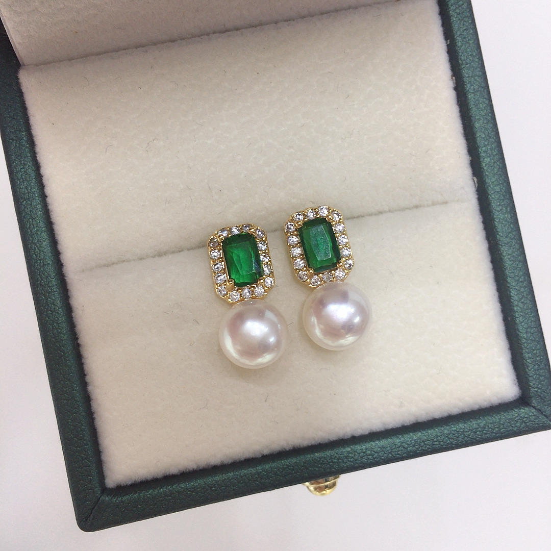 Second image of Natural freshwater pearl stud earrings exquisite vintage style  zircon and emerald pearl earrings