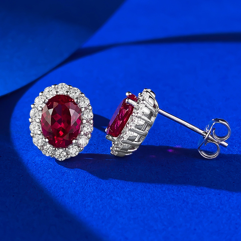 Second image of Jewelry S925 silver  oval ruby ​​stud earrings, fashionable and suitable earrings for everyday wear.